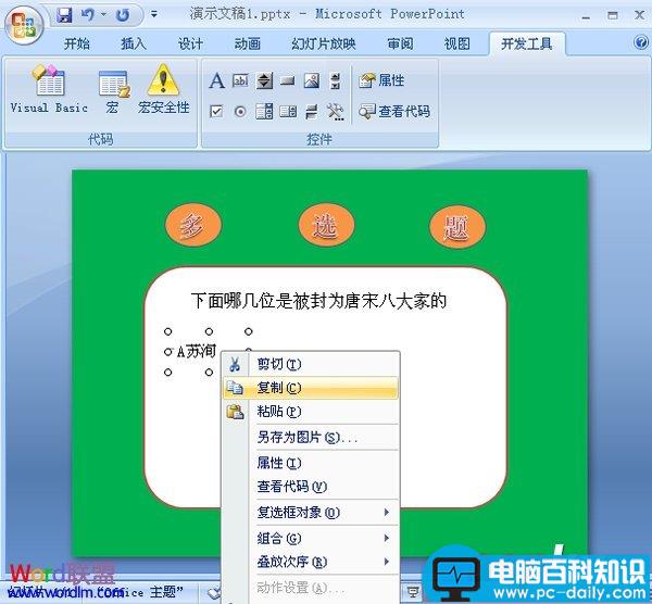 在PowerPoint2007中制作多选题