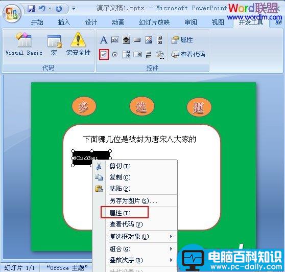 在PowerPoint2007中制作多选题