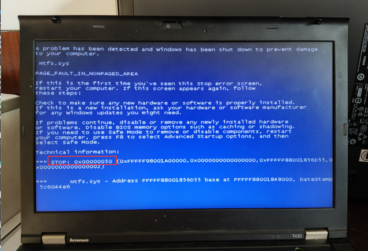 电脑开机蓝屏50怎么办（T430笔记本开机报0X00000050蓝屏）(1)