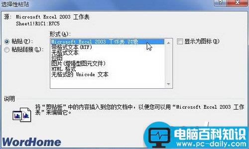 在Word2010中选择性粘贴嵌入数据对象