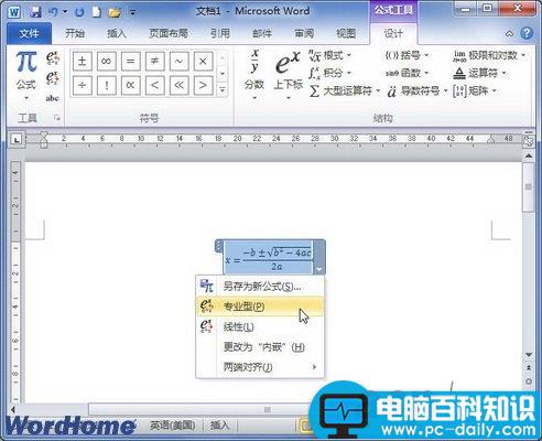 在Word2010中切换专业型和线性公式布局