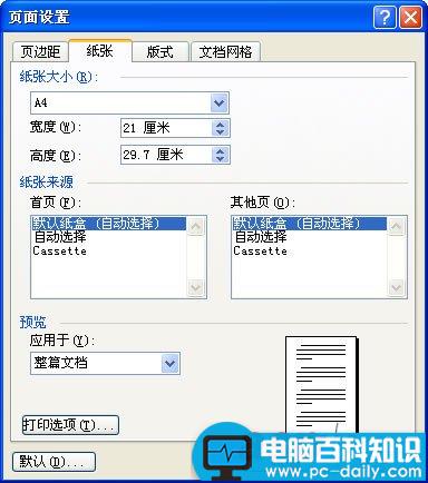 Word 2003文档中设置纸张和文档网格