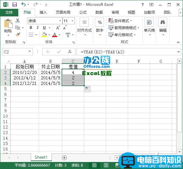 使用YEAR函数计算Excel2013中两个日期的年数差