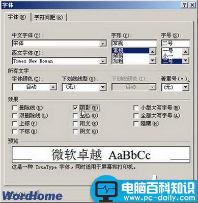 Word2007阴影等字体效果的设置